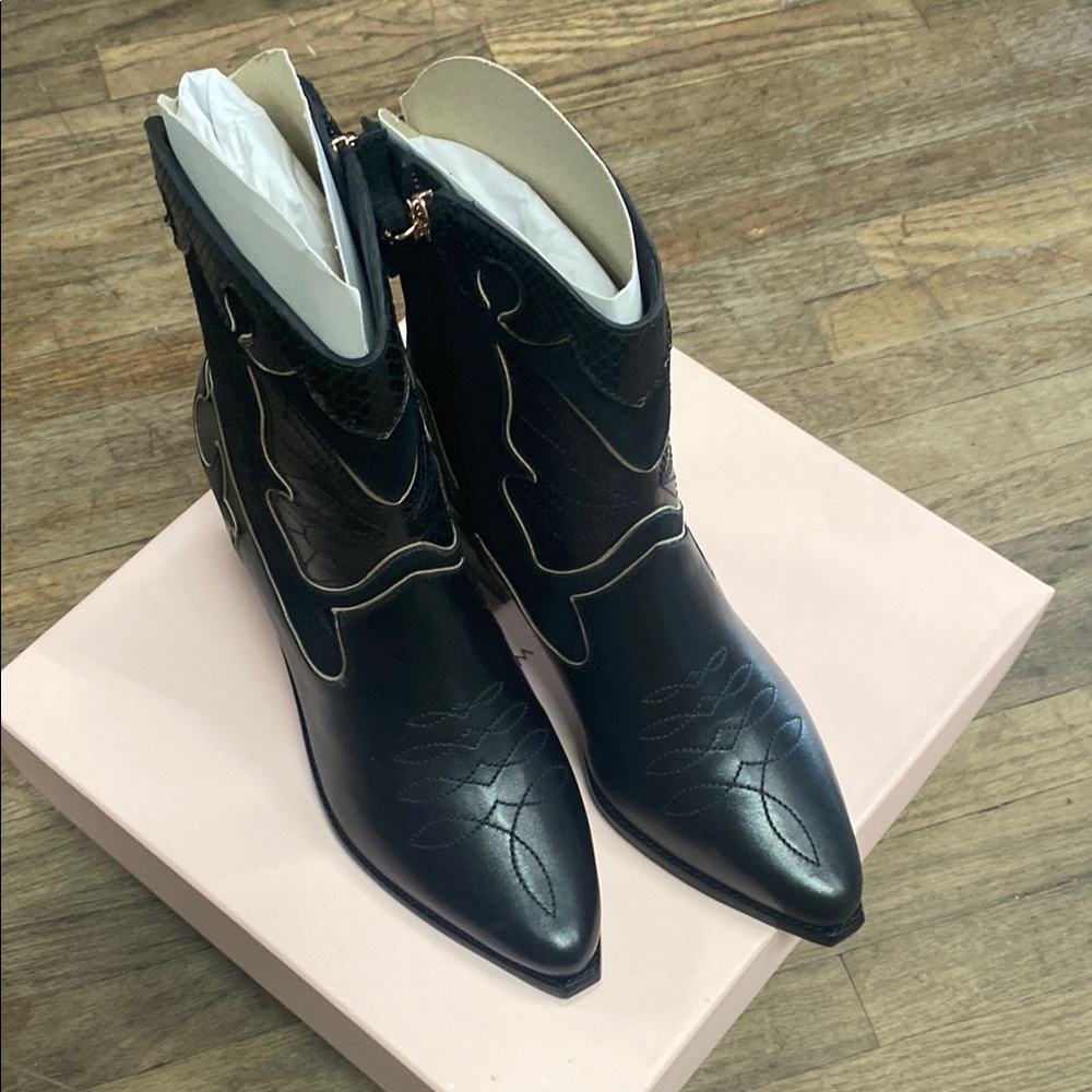 Sophia Webster Black Pointed Toe Western Ankle Boots